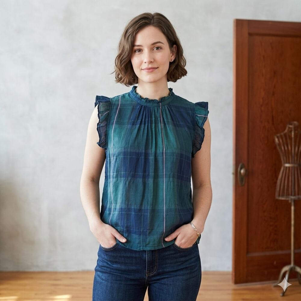 Anthropologie Isabella Sinclair Plaid Ruffle Sleeve Blouse Top Blue Green Pink M